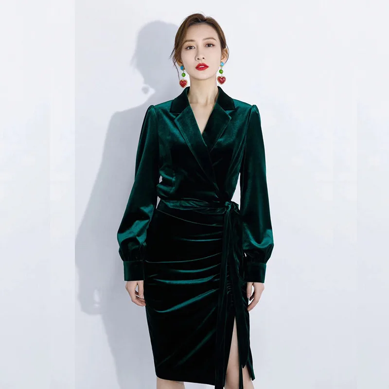 

Благородное банкетное искусственное вечернее платье с воротником-костюмом, бархатные платья с разрезом на шнуровке для женщин, новые роскошные модные женские платья на осень и весну