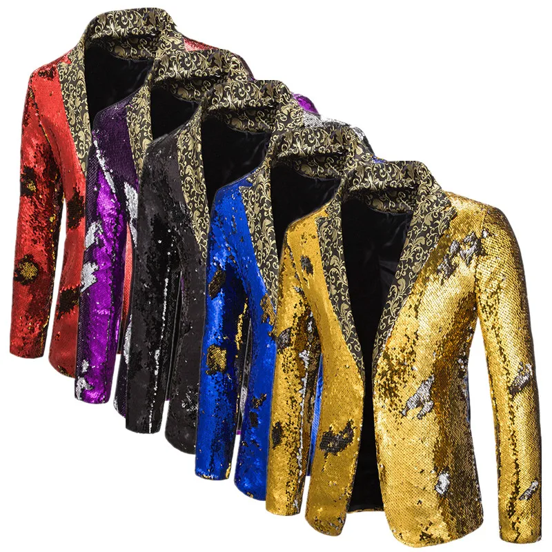 

Fashion Men Two-colour Sequin Suit Stage Performance Jacket Nightclub Bar DJ Singer Host Luxury Jacquard Spliced Blazer Coats