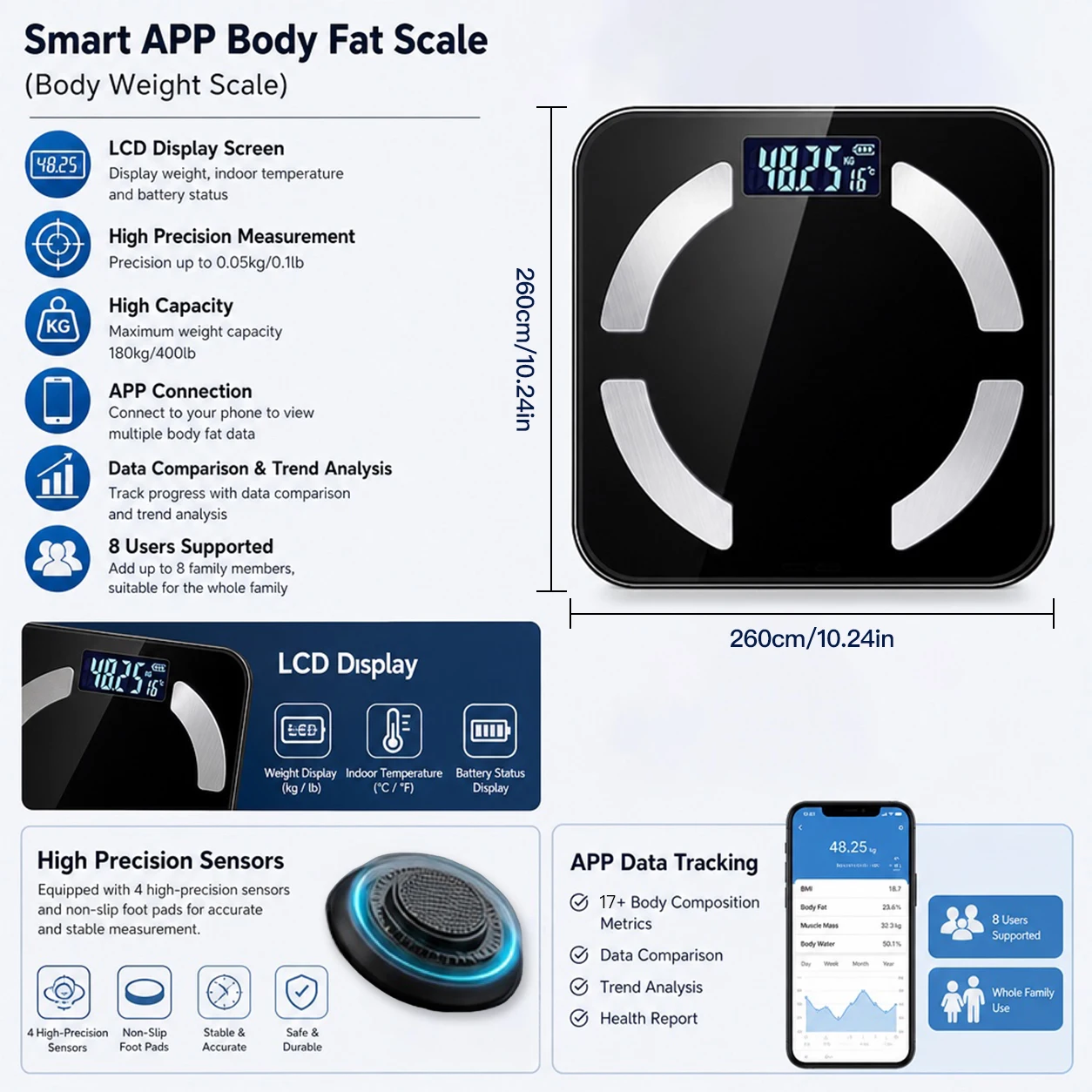 Intelligent Weight Scale, Body Fat Scale, Digital Bathroom Scale, Connected to App to Measure 17 Data Items, Supports 8 Members