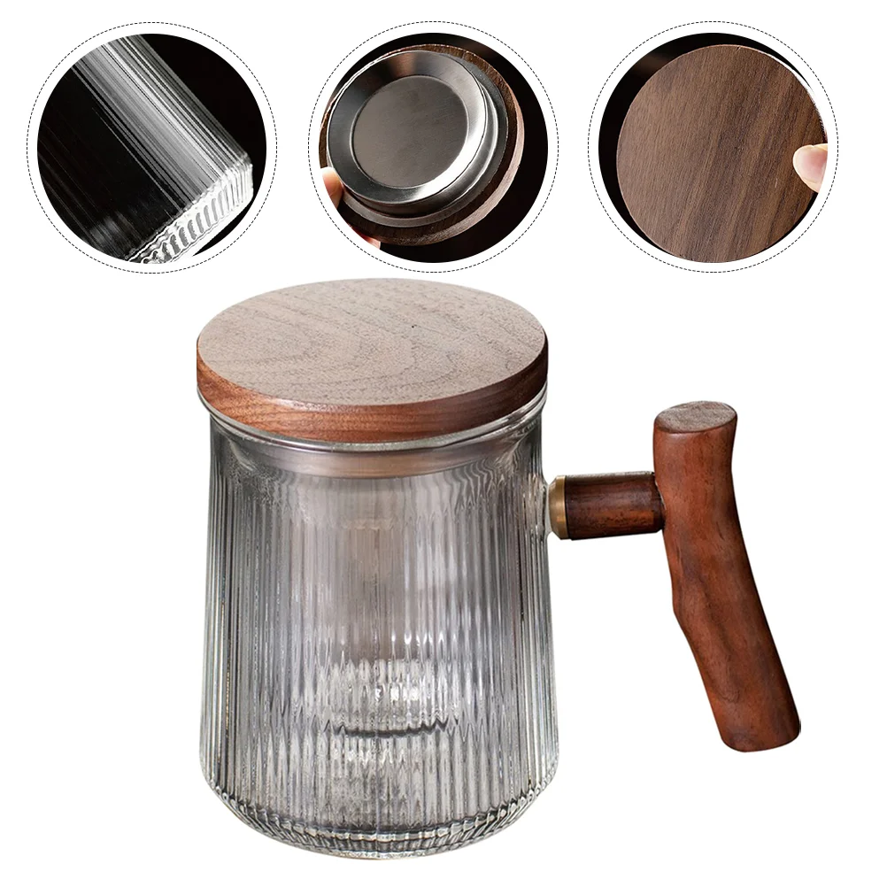 

Household Vertical Stripe Tea Cup Men and Women Coffee Mugs Clear Cups with Lids Wooden Steeping
