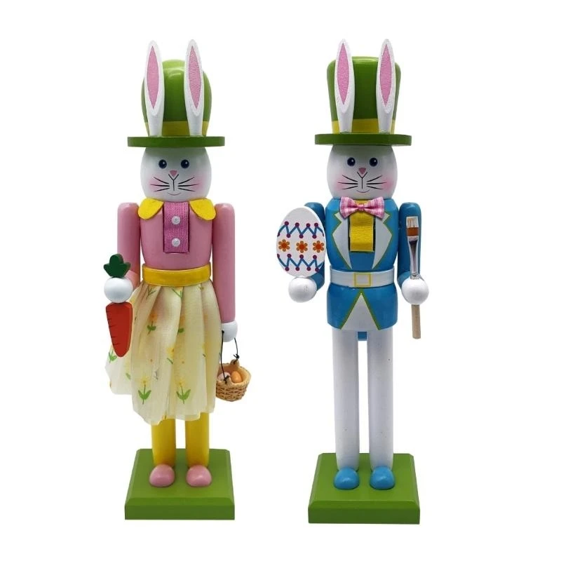 H7ED Handcrafts Ostern Bunnies Nussknacker 30,8 Holz Figur farbenfrohe Kaninchensoldat Skulptur mit Basistisch -Dekern – Detail 7