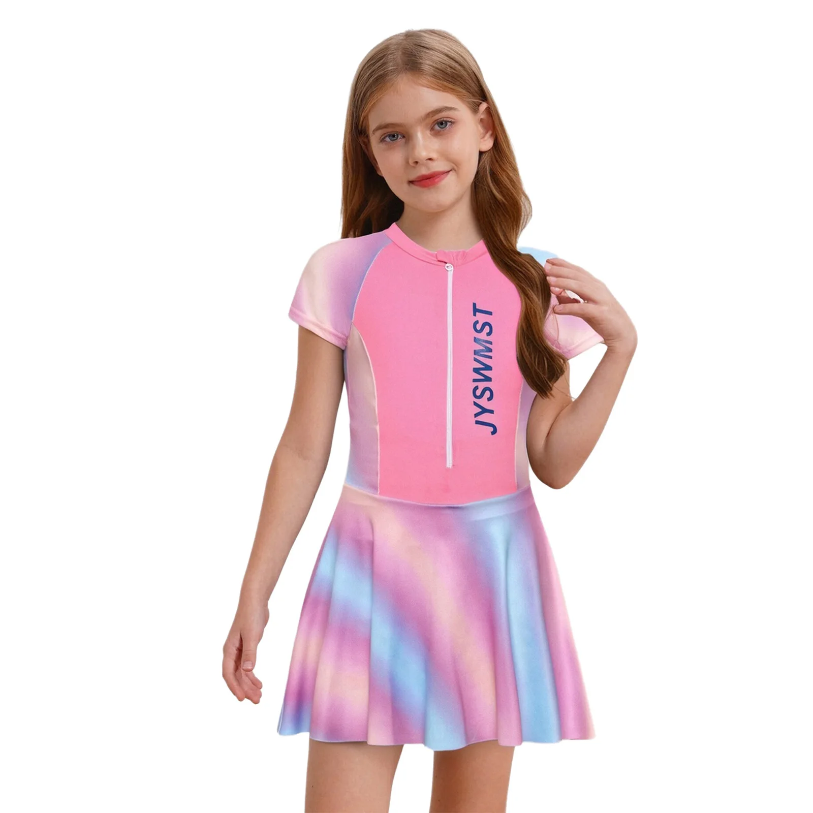 Robe de bain une pièce pour filles, manches courtes, bloc de couleurs