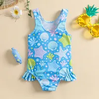 Girl Long Summer Toddler Girls Ruffles Cartoon Prints 1 Piece Swimwear Beach Swimsuit Bikini Girls 3 Piece Bikini Set 4