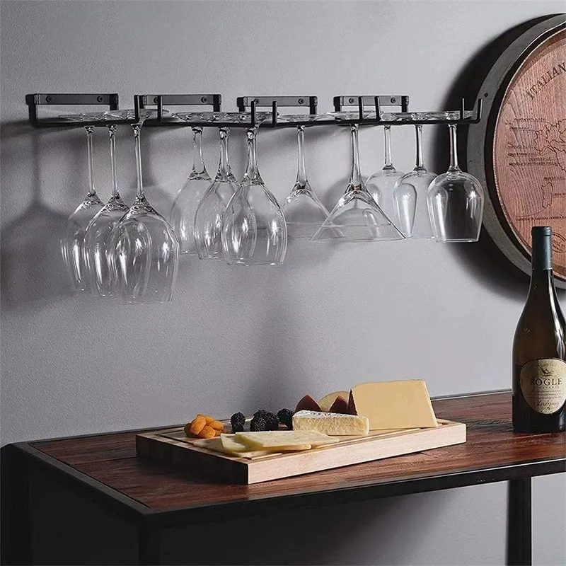 Wall Mounted Stemware Holder Goblet Hanging Rack Wine Glass Bar Organizer Black Iron
