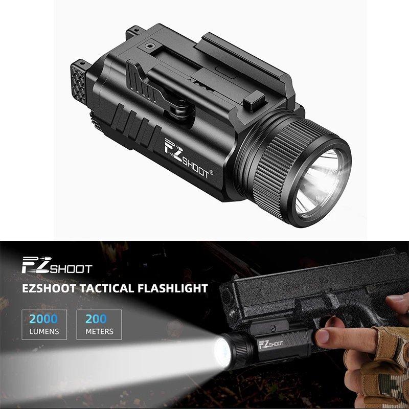 EZshoot 2000 Lumen Tactical Flashlight for Pistol Picatinny or GL Rail LED Light with Adjustable Slide Rail and Rechargeable