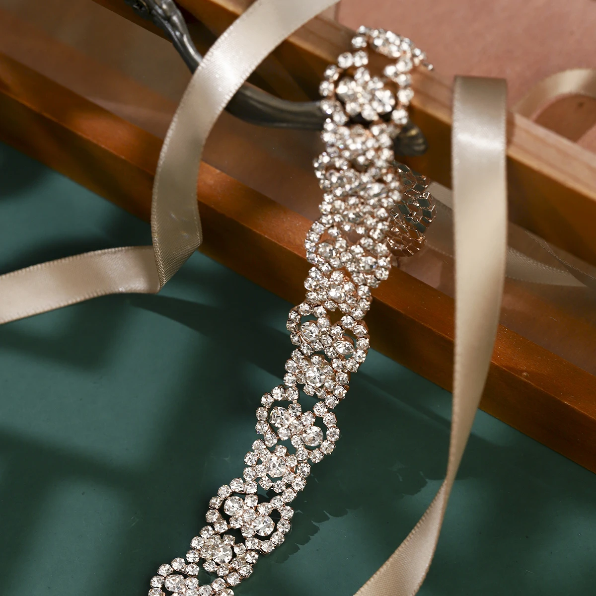 Rose Gold Rhinestone Wedding Dress Belt Crystal Satin Accessories Bridal Ribbon Belts