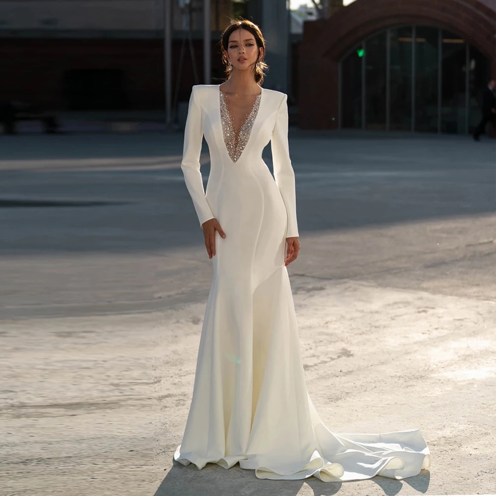 

Charming Mermaid Wedding Dress Glitter Bead Neck Ivory Civil Bridal Gown With Long Sleeve Mariage Vintage Свадебное платье Large