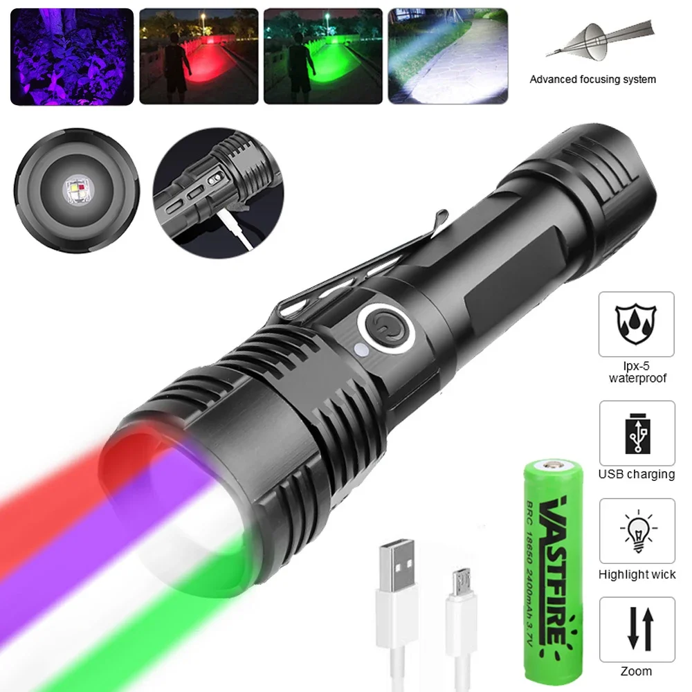 Description Picture 2 of itemLED Flashlight Outdoor USB Rechargeable Zoomable Hunting Flash Light Tactical 4 in 1 Red/Green/UV/White Light Torch for Camping