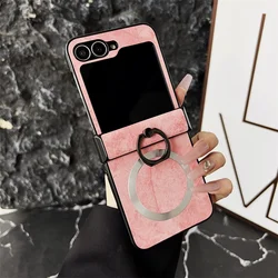 Luxury Magnetic Ring Stand with Wireless Charging Fabric Back Cover - Galaxy ZFlip 4 (Pink)