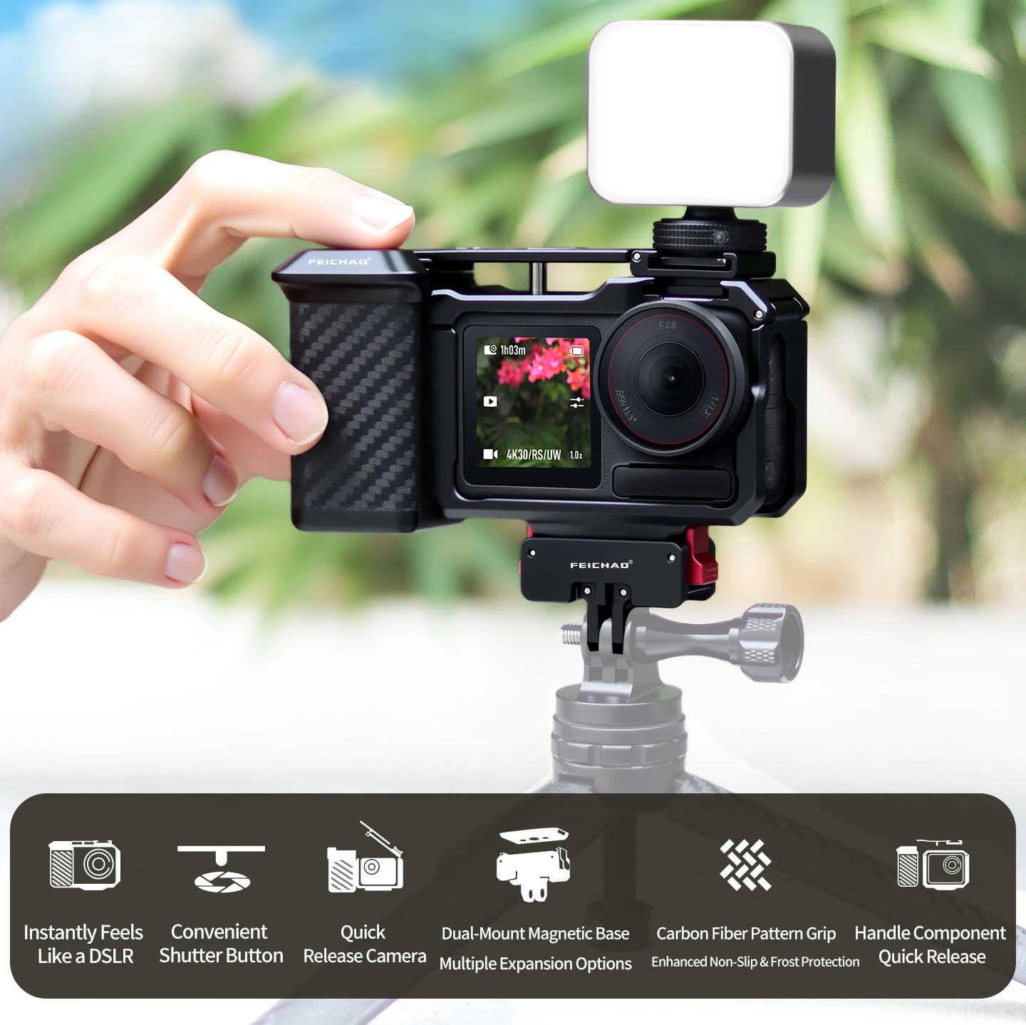 DJI 오즈모 액션 5Pro/4/3용 스트리트 슈팅 핸들 키트, 핸드 그립 퀵 릴리즈 카메라 케이지(셔터 버튼 보호 프레임 포함)