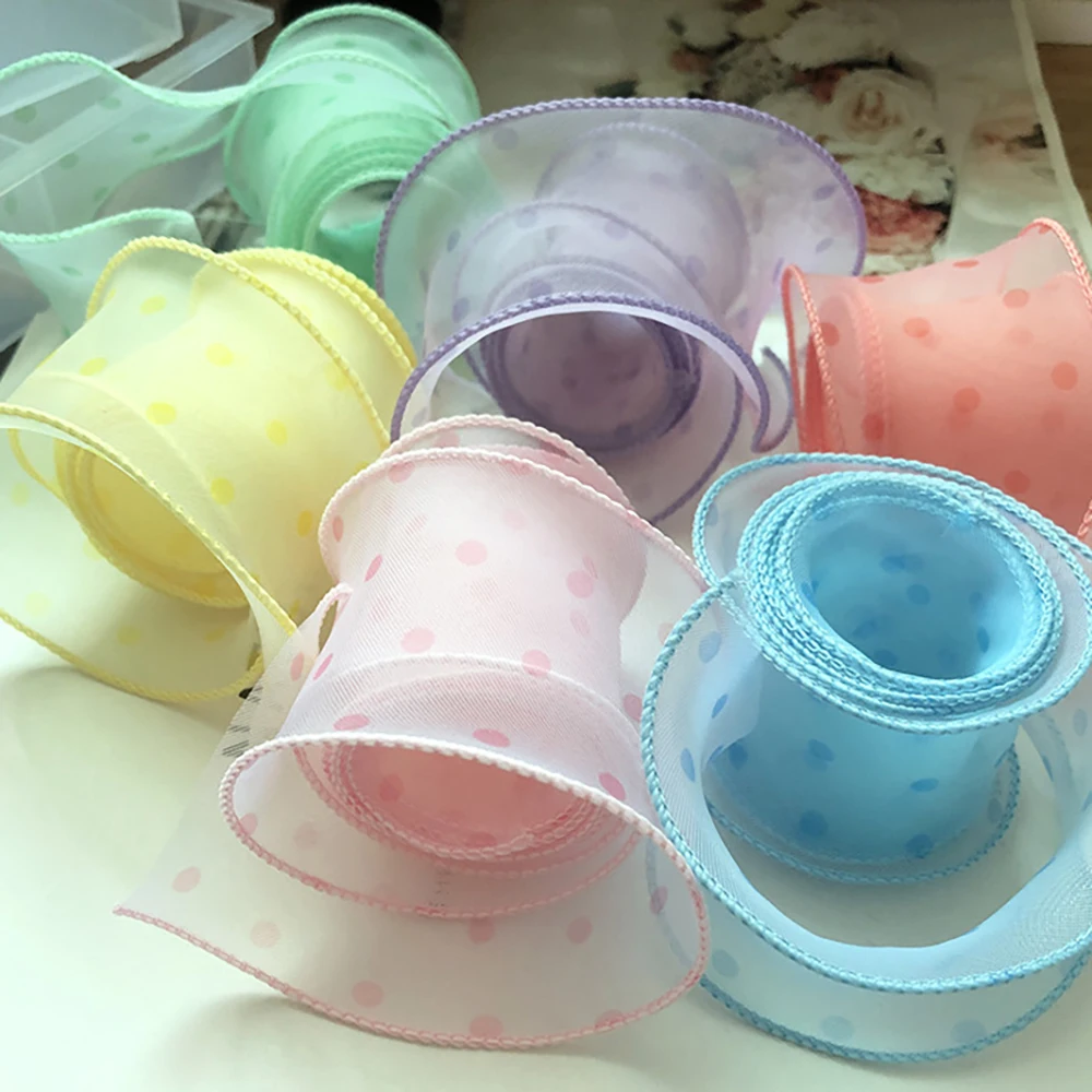 Chainho,Gauze Ribbon,Solid Color,Polka Dots,DIY Handmade Bow Tie Materials,Gift Flower Packaging,Width:50mm,Length:2Yards,SD16