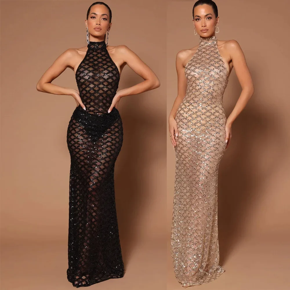 

SKMY European and American Sexy Backless Lace Dress, Nightclub Evening Party, Hot Diamond Sequin, See-through, Fashion, New 2024