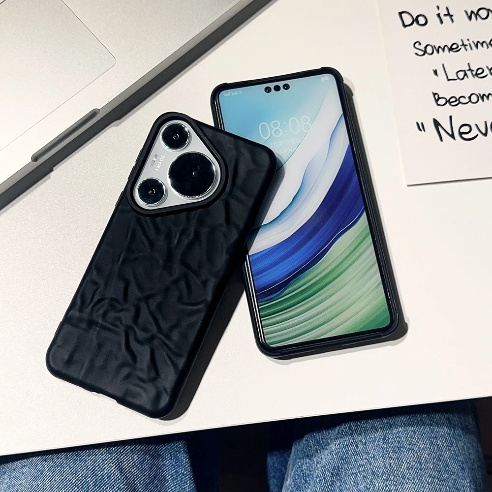 Coque de téléphone à plis 3D noir mat pour Huawei P40 P50 P60 Mate 30 40 50 60 Pro Pura 70 Pro Ultra Honor 50 Soft Cover_voghion.com