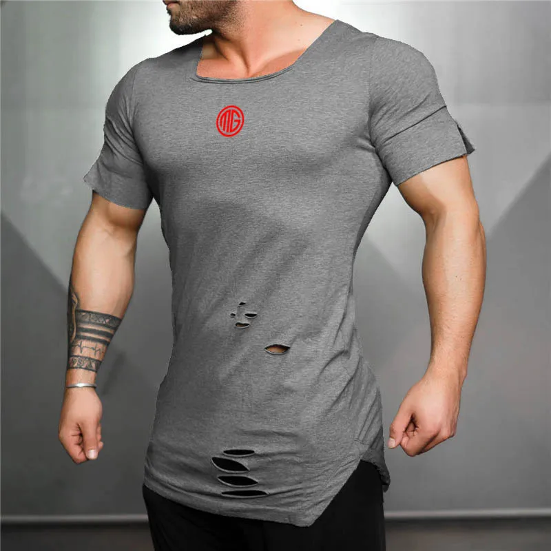 Novo ginásio dos homens esportes vintage buraco aptidão tshirt halterofilismo estender longo t camisa moda casual manga curta magro ajuste camiseta