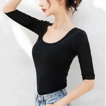 Solid Summer Lady Top Tees U Neck Backless T Shirt Cotton Slim Fit White T-Shirt Half Sleeve Spring Bottoming Shirts Street Wear 1