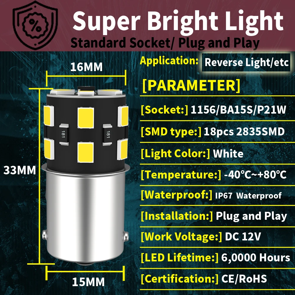 2pcs P21W LED Reverse Light Back Up Lamp 1156 7506 BA15S R5W R10W Rear Fog  Bulb 12V For Dacia Duster Sandero Logan Jogger Spring