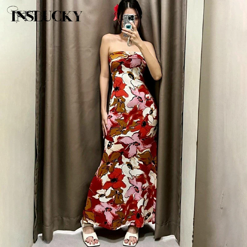 

InsLucky Sexy Flowers Print Strapless Ankle-Length Dresses For Womem Chest Wrapping Backless Slim Bodycon Elegant A Line Dress