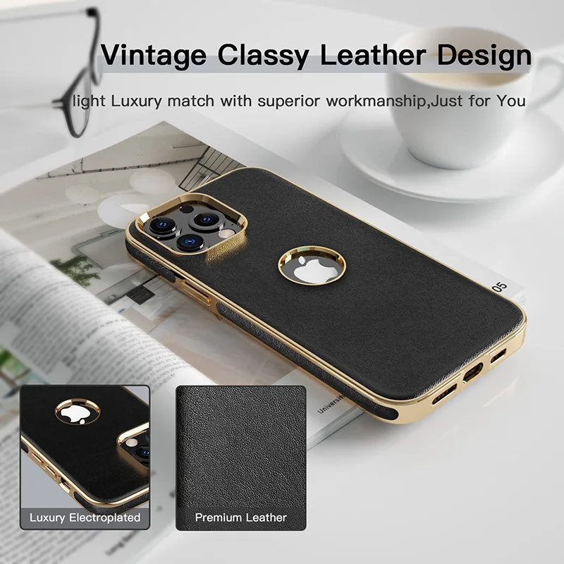 iPhone 13 Pro Max leather case with gold straight edge anti-fall - SKYCASE