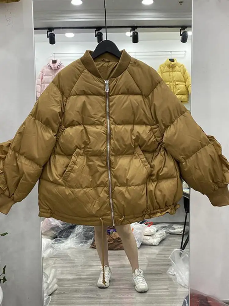 

Winter Coat Women Light Down Jacket Korean Style Loose Short Outwear White Duck Baseball Down Coat Ruffles Sleeves