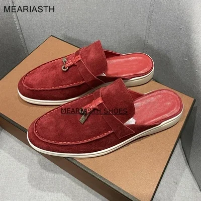 

meariasth Summer Slides Women Covered Toe Flat Mules Metal Lock Decor Natural Leather Shoes Outdoor Lazy Walk Slippers Mules