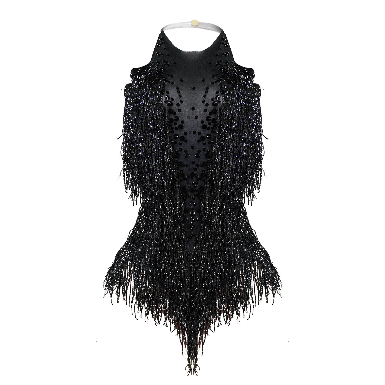 Latin Dance Costume Sparkle Black Crystal Tassels Leotard Celebrate Club Birthday Show Pole Dance Nightclub Stage Drag Queen
