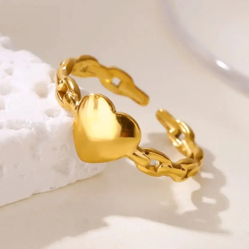 Heart Rings For Women Gold Color Stainless Steel Opening Heart Ring