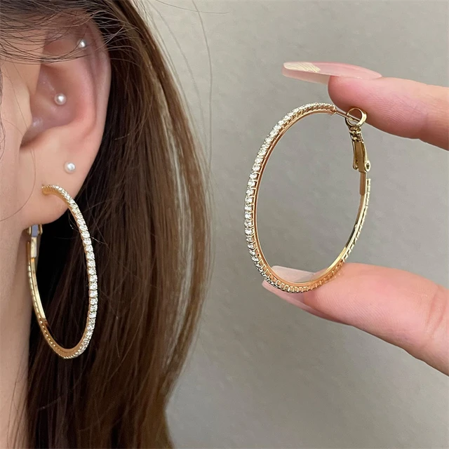 Exquisite Full Rhinestone Hoop Earrings for Women Fashion Simple Circle Round Earring Wedding Party Jewelry Accessories Gifts