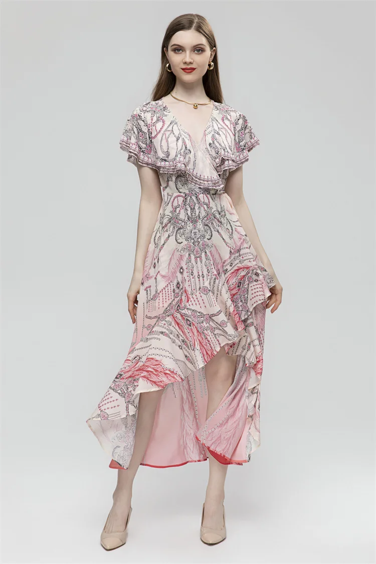 

2023 New Summer Fashion Designer Gorgeous Women V-Neck Short Sleeve Irregular Slit Ruffles Holiday Party Print Long Dress