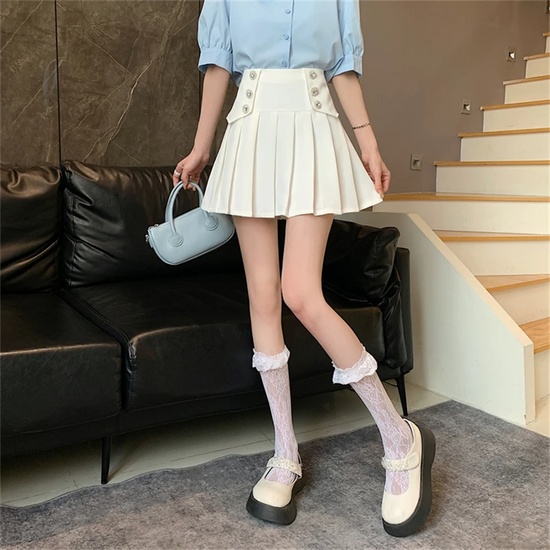 silk skirt Women Pleated Skirts Black White Elegant A-Line Skirt Casual Spring Summer Sweet E-Girls Drill Double Breasted Skirts Dance Show nike skirt