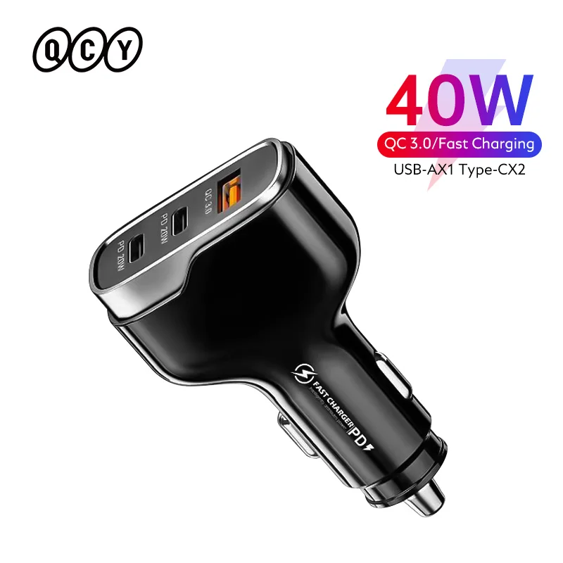 QCY 3 Port Car Charger 40W PD Fast Charger QC 3.0 USB Type C Car