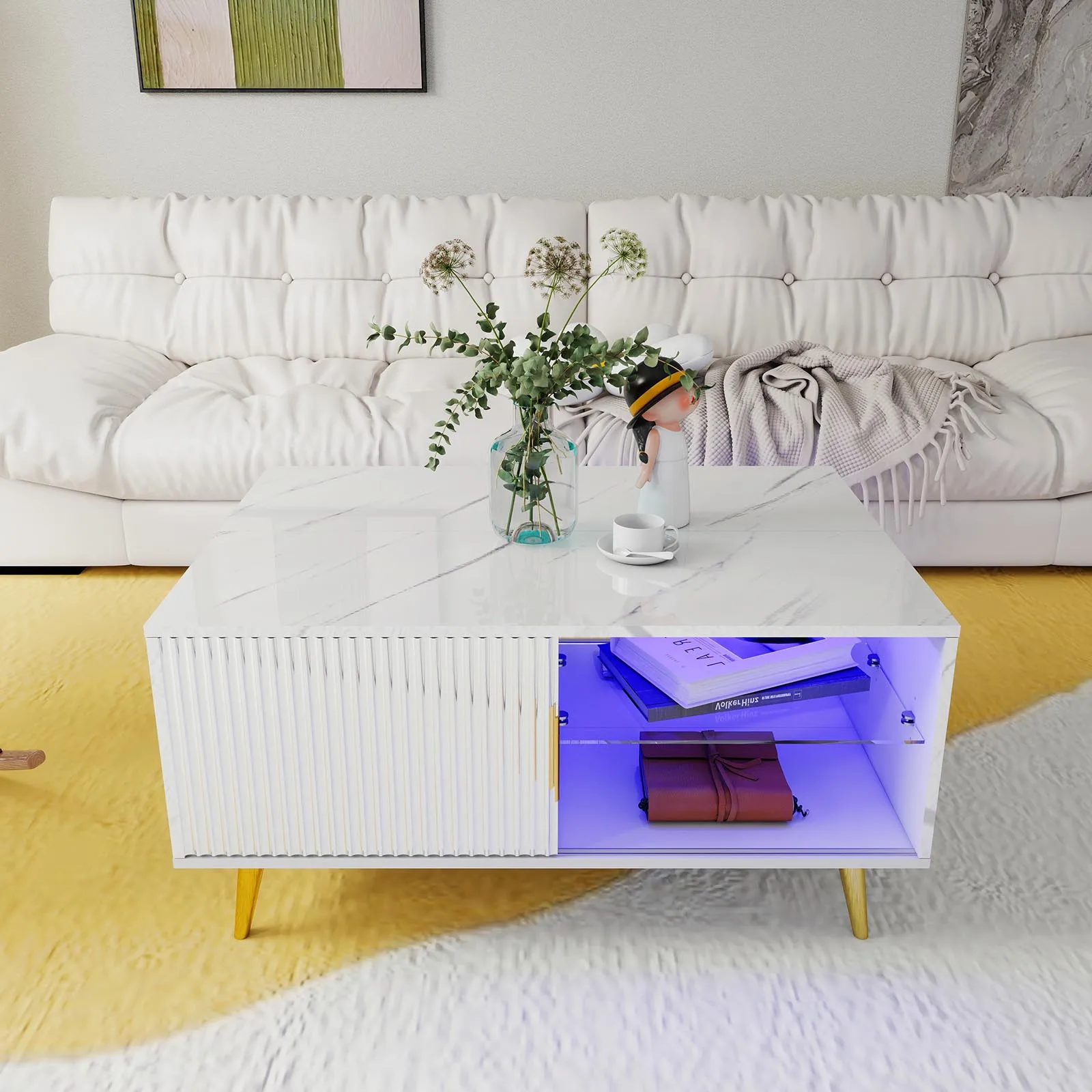 Wooden TV Cabinet with LED Lights and Doors for Living Room