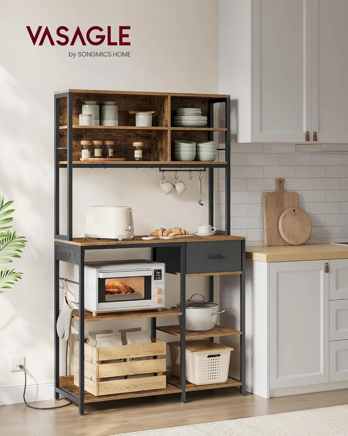Bakers Rack with   Coffee Bar Stand with Adjustable Storage Shelves  Fabric Drawer  12 Hooks  Table for Microwav 2