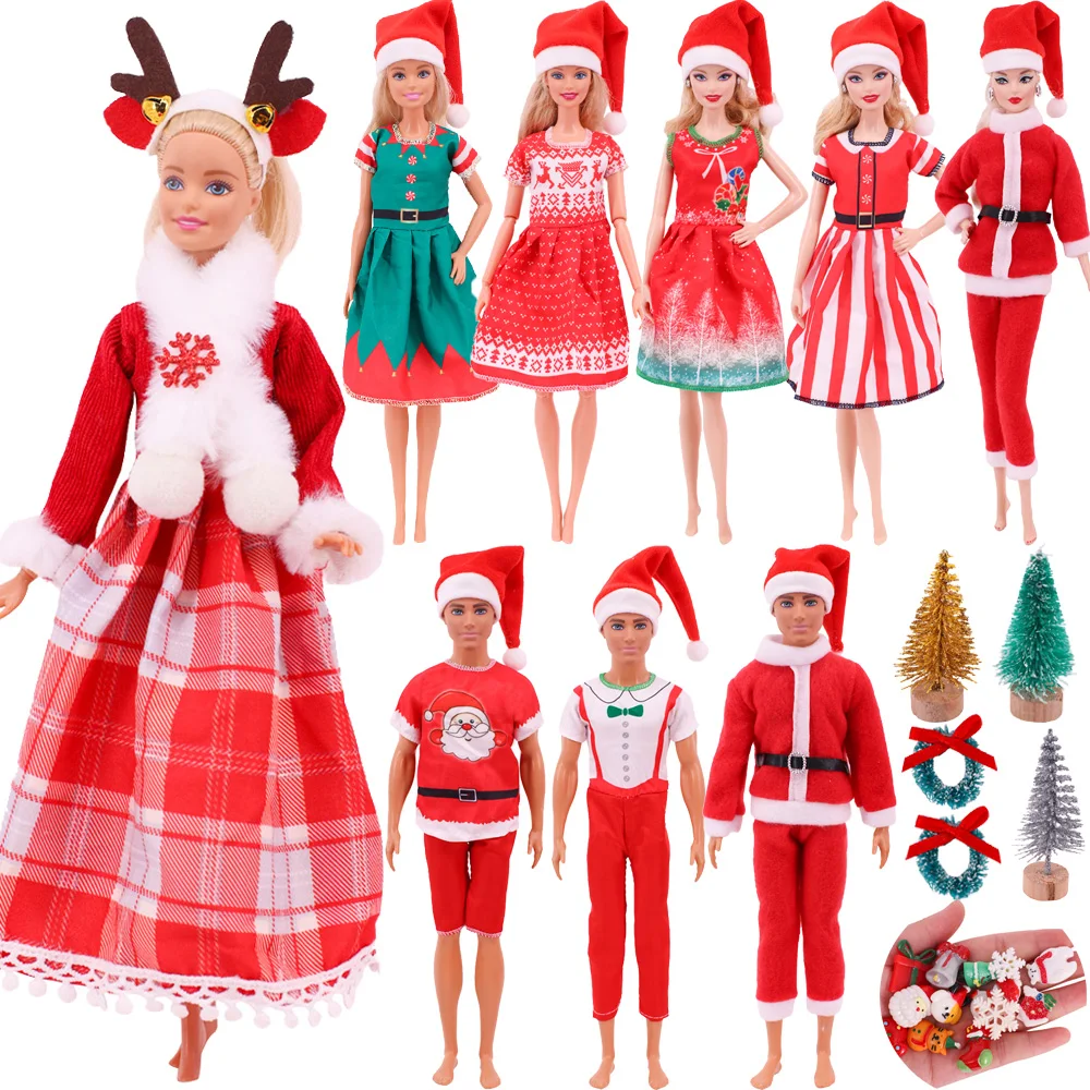 Christmas Suit For 11.8 inch Barbies Doll Girl's Ken Prince Santa Hat+Skirt/Pants Resin Mini Christmas Tree Barbie Clothes Gifts enkay hat prince for macbook pro 13 inch 2020 a2251 a2289 a2338 flowers series patterned crystal hard pc laptop case peony