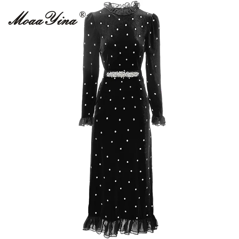 

MoaaYina Spring Fashion Designer Black Luxury Party Dress Women's O Neck Ruffles Diamond Sashes Package Buttocks Slim Long Dress