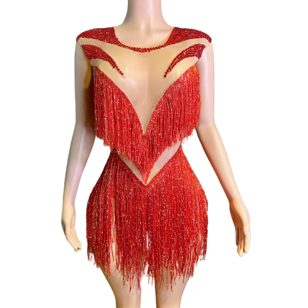 

Red Tassel Diamond Transparent Leotard Sexy DJ Nightclub Bar Fringe Bodysuit Latin Pole Dance Team Party Performance Costume