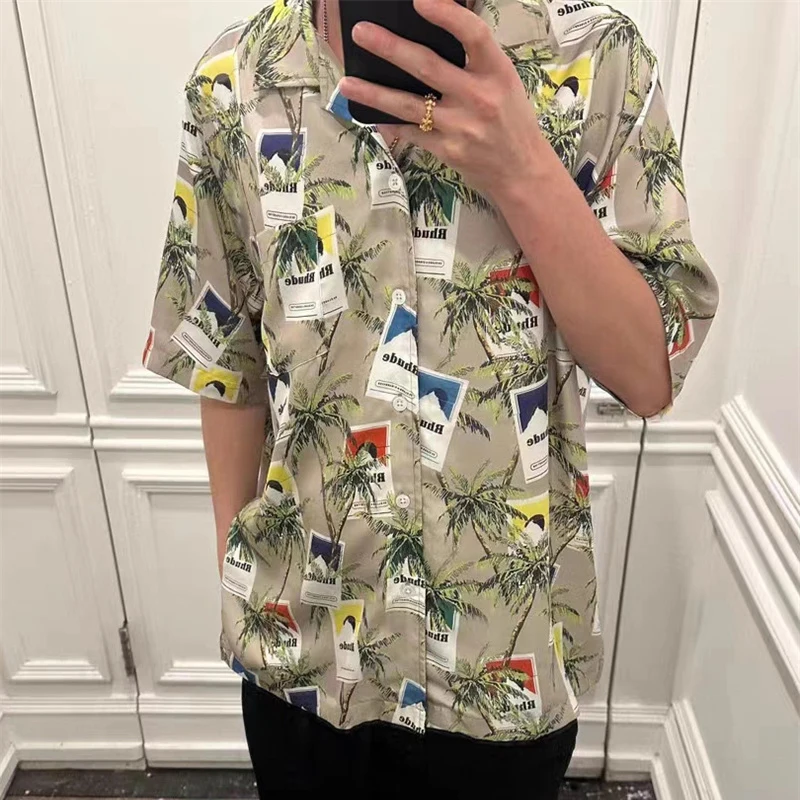 

Rhude Short Sleeve Shirt Full Screen Printed Twist Button Casual Beach Breathable Shirt