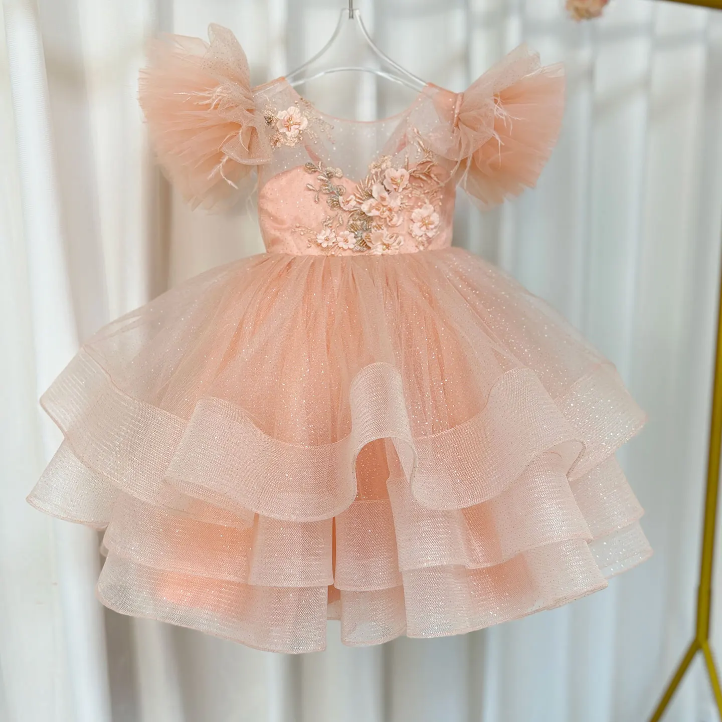 Jill Wish Luxury Pink Baby Flower Girl Dress Feathers Princess Kids