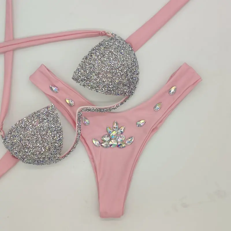 2023 New Hot Diamond Bikini, Lace Up High Waist Open Back Three Point Sexy Swimwear, Silver Shiny Night Club Performance Dress