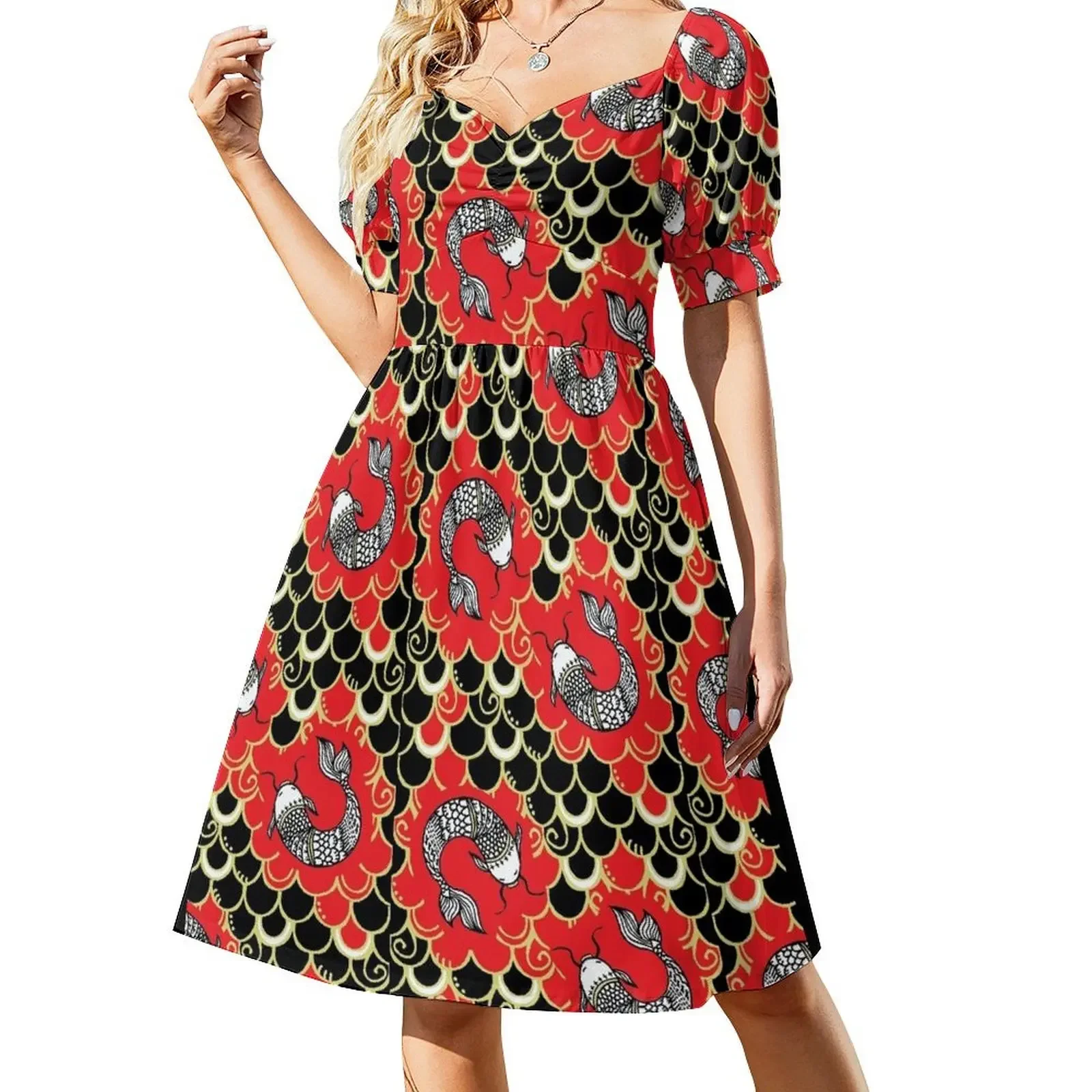 Vestido sin mangas con estampado de carpas koi y pez chinoiserie rojo y negro para mujer, elegante y lujoso.