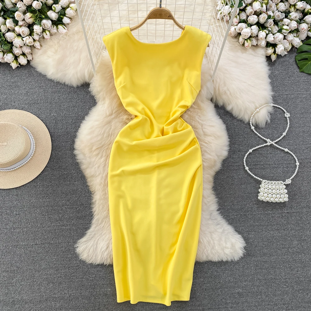 

2023 Summer New Premium Style Round Neck Sleeveless Waist Wrapped Slim Fold Wrapped Hip Dress