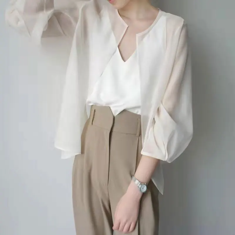 Women Summer Sun-proof Cardigan Through Fashion Sunscreen Thin Shawl Perspective Long Sleeve Blouse Chiffon Organza Coat