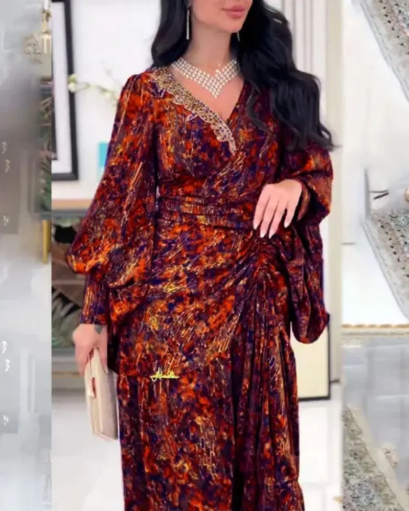 

Летние платья с Африканским принтом для женщин, элегантное Африканское платье-макси с рукавами-фонариками и V-образным вырезом из полиэстера, женское платье в африканском стиле