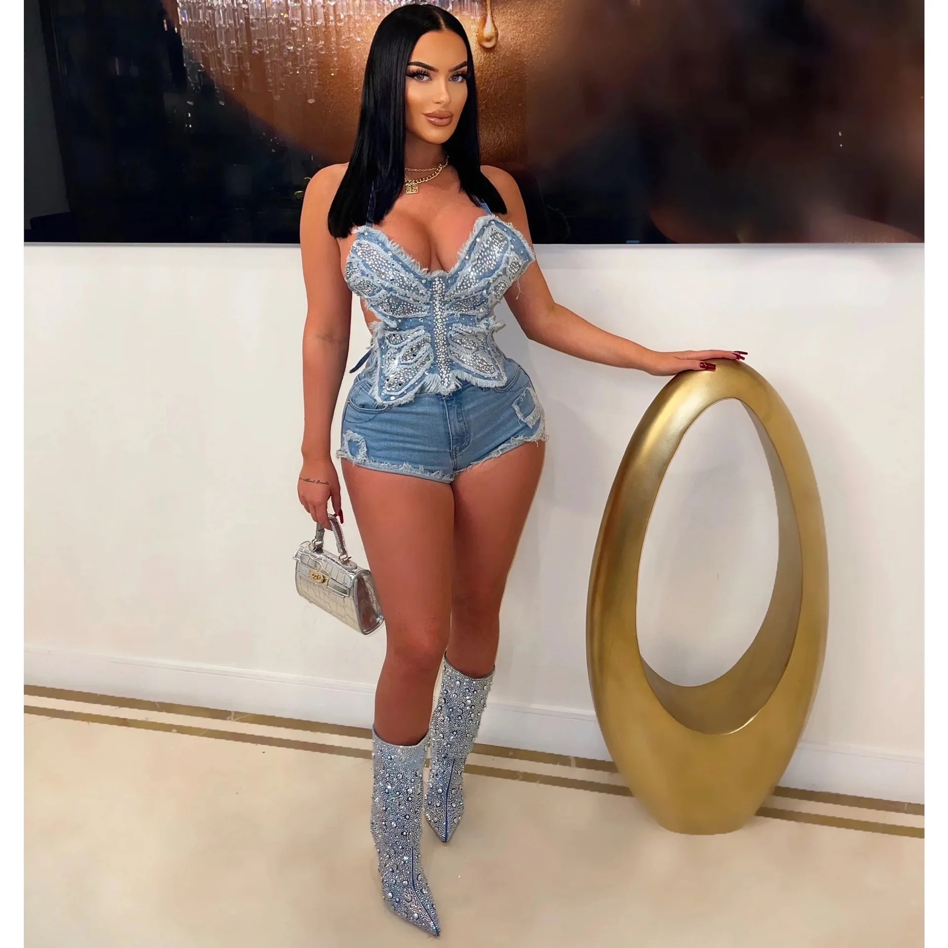 

Sexy Denim Two Piece Set Fashion Lace Up Backless Diamonds Bow Crop Top Shorts 2 Pieces Set Streetwear Club Party Jeans Suit