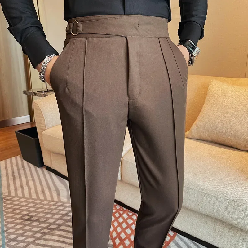 British Style Men's High Waist Casual Pants New Solid Color Naples Men Suit Pants Slim Fit Casual Business Formal Mens Trousers 2
