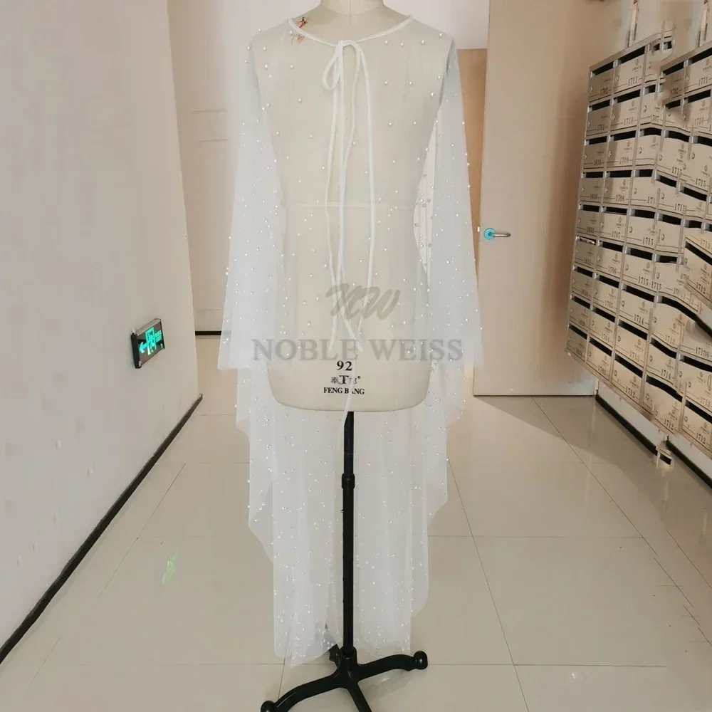 Wedding Shawl Pearls High Low Wedding Wrap Tulle Prom Party Shawl BOLERO Bridal Cape Wedding jacket Customized