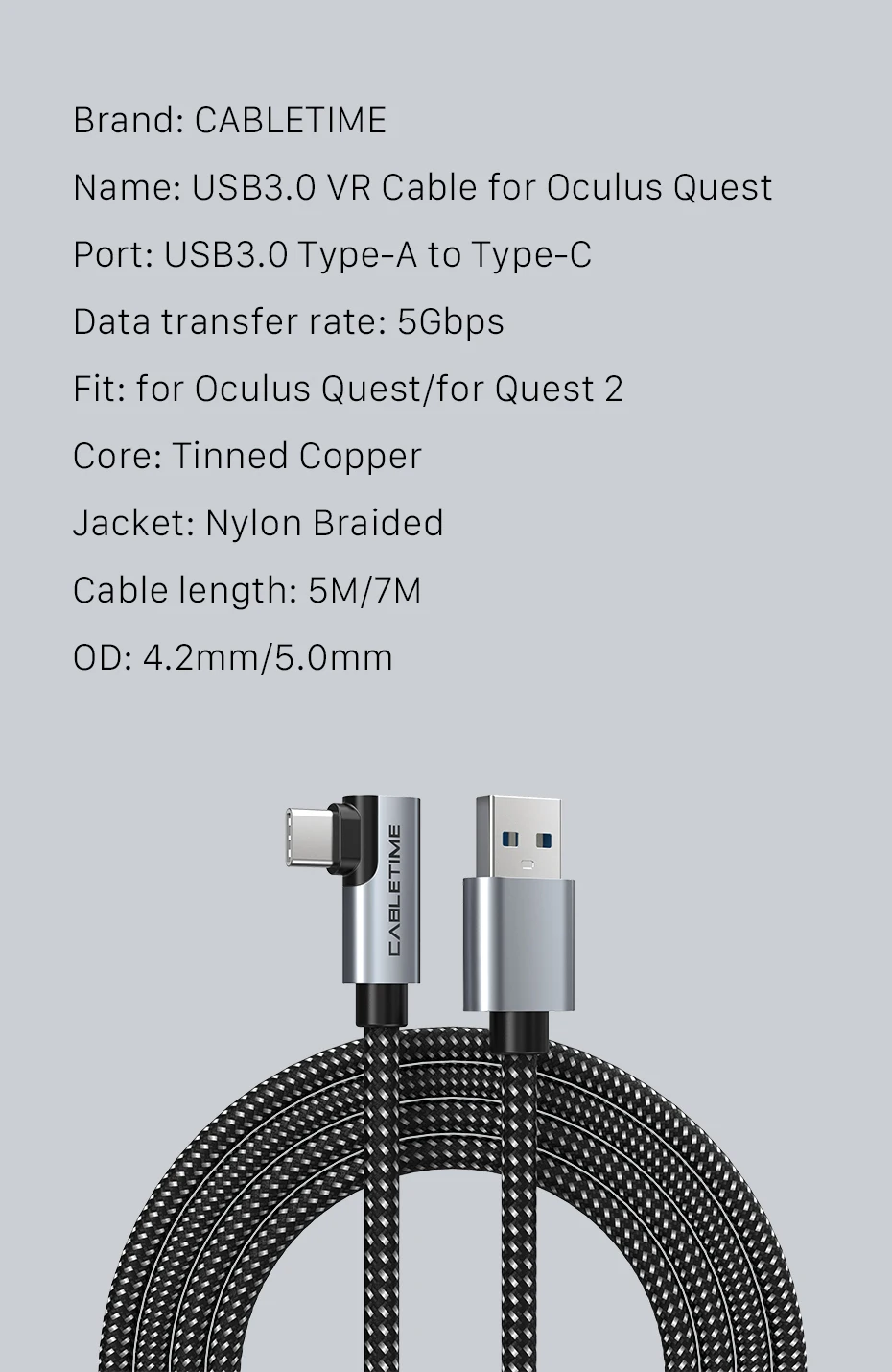 CABLETIME USB 3.0 VR Datenkabel 5Gbps Hochgeschwindigkeits-PC-Datenübertragung 3M/5M/7M für Oculus/Quest 3/Meta Quest 3S – Detail 10