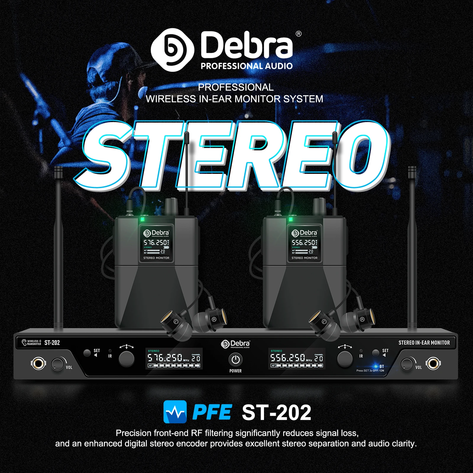 Stereo UHF Wireless In-Ear Monitor System ST-202 Dual frequency for Stage Record
