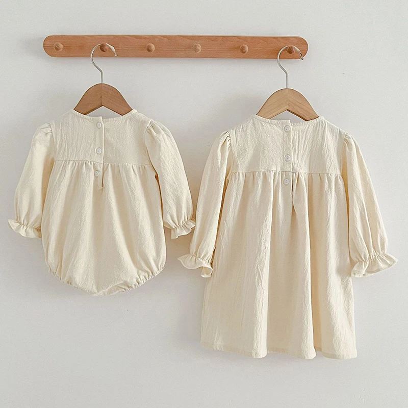 Spring Infant Kids Baby Girls Long Sleeve Solid Color Sisters Dress Autumn Newborn Baby Girls Lace Clothes Rompers