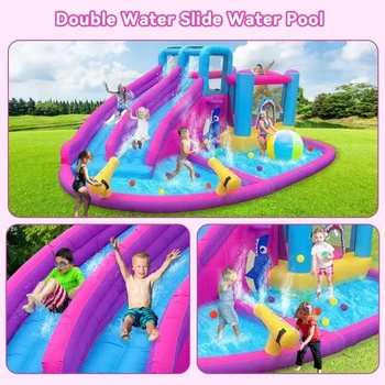 Inflatable Bounce House Water Slide Park, Double Slide Bouncer Castle Climbing Wall, Air Blower for Indoor Outdoor Play Backyard 2