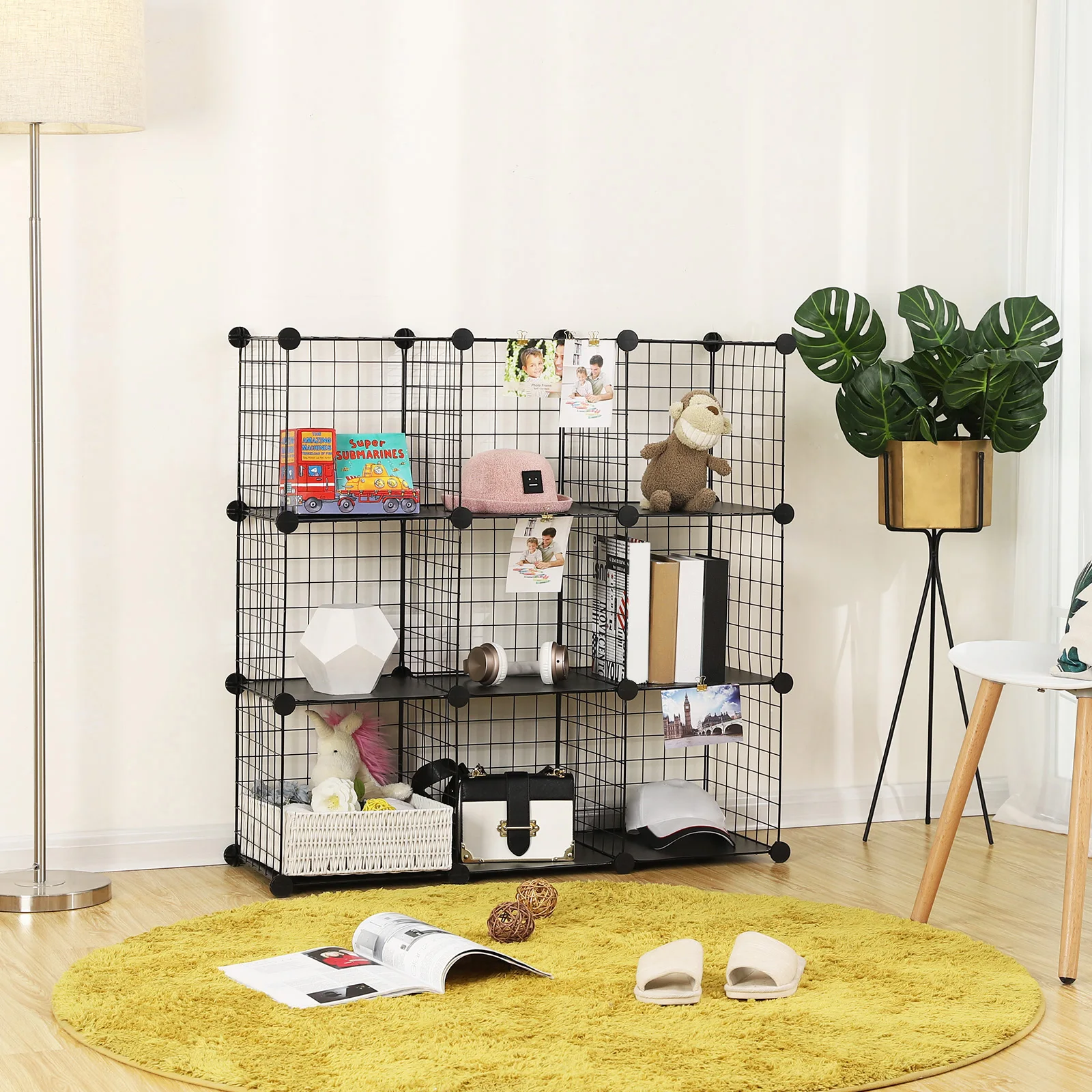 SONGMICS 9-Cube Wire Grid Storage Rack, Interlocking Shelving Unit with Metal Mesh Shelves and PP Plastic Sheets